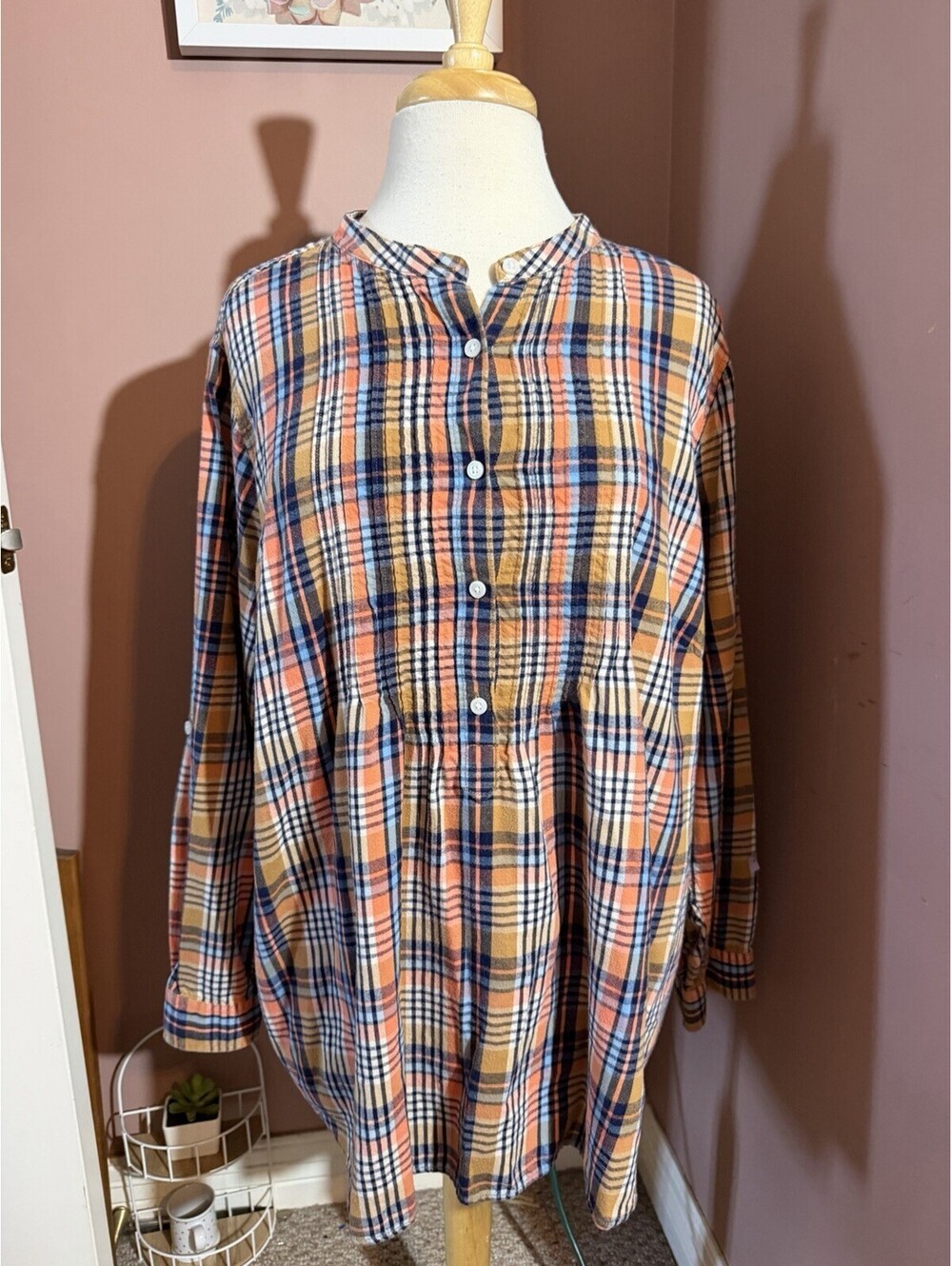 Lands End Womens 22W Plaid Flannel Popover Tunic Pintuck Band Collar